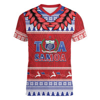 Personalised Toa Samoa Rugby Christmas Women V-Neck T-Shirt Ula Fala Samoan Pattern Red - Polynesian Pride