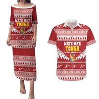 Personalised Tonga Rugby Christmas Couples Matching Puletasi and Hawaiian Shirt Mate Maa Tonga Ngatu Pattern - Polynesian Pride