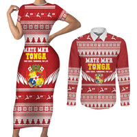 Personalised Tonga Rugby Christmas Couples Matching Short Sleeve Bodycon Dress and Long Sleeve Button Shirt Mate Maa Tonga Ngatu Pattern - Polynesian Pride
