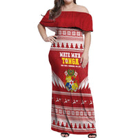 Personalised Tonga Rugby Christmas Off Shoulder Maxi Dress Mate Maa Tonga Ngatu Pattern - Polynesian Pride