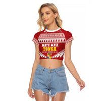 Personalised Tonga Rugby Christmas Raglan Cropped T Shirt Mate Maa Tonga Ngatu Pattern - Polynesian Pride