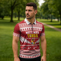 Personalised Tonga Rugby Christmas Zipper Polo Shirt Mate Maa Tonga Ngatu Pattern - Polynesian Pride