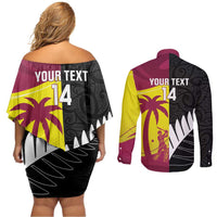 New Zealand and West Indies Cricket Custom Couples Matching Off Shoulder Short Dress and Long Sleeve Button Shirt Black Cap Windies Together - Polynesian Pride