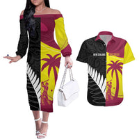 New Zealand and West Indies Cricket Custom Couples Matching Off The Shoulder Long Sleeve Dress and Hawaiian Shirt Black Cap Windies Together LT14 Black - Polynesian Pride