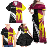 New Zealand and West Indies Cricket Custom Family Matching Off Shoulder Maxi Dress and Hawaiian Shirt Black Cap Windies Together LT14 - Polynesian Pride