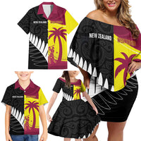 New Zealand and West Indies Cricket Custom Family Matching Off Shoulder Short Dress and Hawaiian Shirt Black Cap Windies Together LT14 - Polynesian Pride
