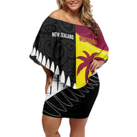 New Zealand and West Indies Cricket Custom Family Matching Off Shoulder Short Dress and Hawaiian Shirt Black Cap Windies Together LT14 Mom's Dress Black - Polynesian Pride