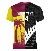 New Zealand and West Indies Cricket Custom Women V-Neck T-Shirt Black Cap Windies Together - Polynesian Pride
