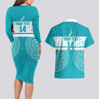 New Zealand Silver Fern Cricket Custom Couples Matching Long Sleeve Bodycon Dress and Hawaiian Shirt Black Cap Teal Maori Pattern - Polynesian Pride