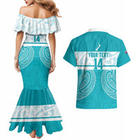 New Zealand Silver Fern Cricket Custom Couples Matching Mermaid Dress and Hawaiian Shirt Black Cap Teal Maori Pattern LT14 - Polynesian Pride