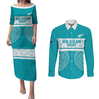 New Zealand Silver Fern Cricket Custom Couples Matching Puletasi and Long Sleeve Button Shirt Black Cap Teal Maori Pattern - Polynesian Pride