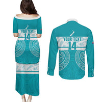 New Zealand Silver Fern Cricket Custom Couples Matching Puletasi and Long Sleeve Button Shirt Black Cap Teal Maori Pattern - Polynesian Pride