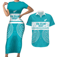 New Zealand Silver Fern Cricket Custom Couples Matching Short Sleeve Bodycon Dress and Hawaiian Shirt Black Cap Teal Maori Pattern - Polynesian Pride
