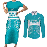 New Zealand Silver Fern Cricket Custom Couples Matching Short Sleeve Bodycon Dress and Long Sleeve Button Shirt Black Cap Teal Maori Pattern - Polynesian Pride