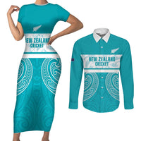 New Zealand Silver Fern Cricket Custom Couples Matching Short Sleeve Bodycon Dress and Long Sleeve Button Shirt Black Cap Teal Maori Pattern - Polynesian Pride