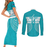 New Zealand Silver Fern Cricket Custom Couples Matching Short Sleeve Bodycon Dress and Long Sleeve Button Shirt Black Cap Teal Maori Pattern - Polynesian Pride