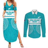 New Zealand Silver Fern Cricket Custom Couples Matching Summer Maxi Dress and Long Sleeve Button Shirt Black Cap Teal Maori Pattern - Polynesian Pride