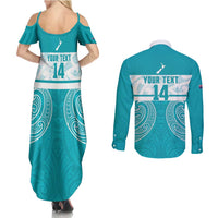 New Zealand Silver Fern Cricket Custom Couples Matching Summer Maxi Dress and Long Sleeve Button Shirt Black Cap Teal Maori Pattern - Polynesian Pride