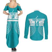 New Zealand Silver Fern Cricket Custom Couples Matching Summer Maxi Dress and Long Sleeve Button Shirt Black Cap Teal Maori Pattern - Polynesian Pride