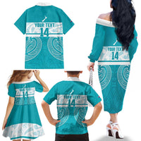 New Zealand Silver Fern Cricket Custom Family Matching Off The Shoulder Long Sleeve Dress and Hawaiian Shirt Black Cap Teal Maori Pattern - Polynesian Pride