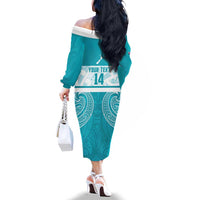 New Zealand Silver Fern Cricket Custom Family Matching Off The Shoulder Long Sleeve Dress and Hawaiian Shirt Black Cap Teal Maori Pattern LT14 - Polynesian Pride