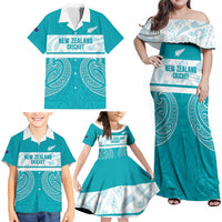 New Zealand Silver Fern Cricket Custom Family Matching Off Shoulder Maxi Dress and Hawaiian Shirt Black Cap Teal Maori Pattern LT14 - Polynesian Pride