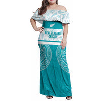New Zealand Silver Fern Cricket Custom Family Matching Off Shoulder Maxi Dress and Hawaiian Shirt Black Cap Teal Maori Pattern LT14 Mom's Dress Teal - Polynesian Pride