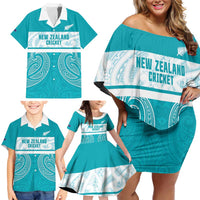 New Zealand Silver Fern Cricket Custom Family Matching Off Shoulder Short Dress and Hawaiian Shirt Black Cap Teal Maori Pattern - Polynesian Pride