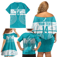 New Zealand Silver Fern Cricket Custom Family Matching Off Shoulder Short Dress and Hawaiian Shirt Black Cap Teal Maori Pattern LT14 - Polynesian Pride