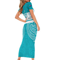 New Zealand Silver Fern Cricket Custom Family Matching Short Sleeve Bodycon Dress and Hawaiian Shirt Black Cap Teal Maori Pattern LT14 - Polynesian Pride
