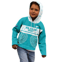 New Zealand Silver Fern Cricket Custom Kid Hoodie Black Cap Teal Maori Pattern - Polynesian Pride