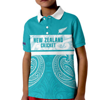 New Zealand Silver Fern Cricket Custom Kid Polo Shirt Black Cap Teal Maori Pattern - Polynesian Pride
