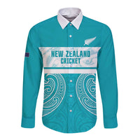 New Zealand Silver Fern Cricket Custom Long Sleeve Button Shirt Black Cap Teal Maori Pattern - Polynesian Pride