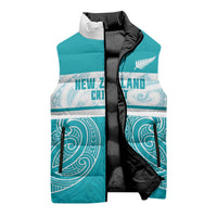 New Zealand Silver Fern Cricket Custom Sleeveless Puffer Jacket Black Cap Teal Maori Pattern - Polynesian Pride