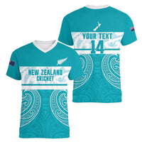 New Zealand Silver Fern Cricket Custom Women V-Neck T-Shirt Black Cap Teal Maori Pattern - Polynesian Pride
