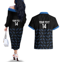 New Zealand Silver Fern Cricket Custom Couples Matching Off The Shoulder Long Sleeve Dress and Hawaiian Shirt Black Cap T20 Version LT14 - Polynesian Pride