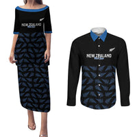 New Zealand Silver Fern Cricket Custom Couples Matching Puletasi and Long Sleeve Button Shirt Black Cap T20 Version - Polynesian Pride