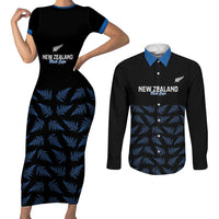 New Zealand Silver Fern Cricket Custom Couples Matching Short Sleeve Bodycon Dress and Long Sleeve Button Shirt Black Cap T20 Version - Polynesian Pride