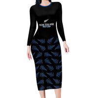 New Zealand Silver Fern Cricket Custom Family Matching Long Sleeve Bodycon Dress and Hawaiian Shirt Black Cap T20 Version LT14 Mom's Dress Black - Polynesian Pride
