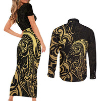 Gold And Black Aoteara Horse Racing Couples Matching Short Sleeve Bodycon Dress and Long Sleeve Button Shirt NZ Maori Pattern
