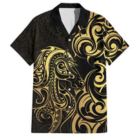 Gold And Black Aotearoa Horse Racing Family Matching Long Sleeve Bodycon Dress and Hawaiian Shirt NZ Maori Pattern LT14 Dad's Shirt - Short Sleeve Black - Polynesian Pride