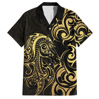 Gold And Black Aotearoa Horse Racing Family Matching Off The Shoulder Long Sleeve Dress and Hawaiian Shirt NZ Maori Pattern LT14 Dad's Shirt - Short Sleeve Black - Polynesian Pride