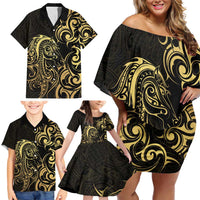 Gold And Black Aotearoa Horse Racing Family Matching Off Shoulder Short Dress and Hawaiian Shirt NZ Maori Pattern LT14 - Polynesian Pride