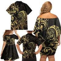 Gold And Black Aotearoa Horse Racing Family Matching Off Shoulder Short Dress and Hawaiian Shirt NZ Maori Pattern LT14 - Polynesian Pride