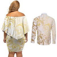 Gold And White Aoteara Horse Racing Couples Matching Off Shoulder Short Dress and Long Sleeve Button Shirt NZ Maori Pattern