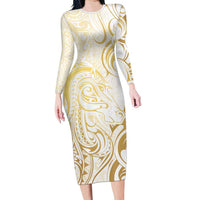 Gold And White Aotearoa Horse Racing Family Matching Long Sleeve Bodycon Dress and Hawaiian Shirt NZ Maori Pattern LT14 Mom's Dress White - Polynesian Pride