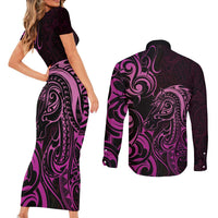 Pink Aoteara Horse Racing Couples Matching Short Sleeve Bodycon Dress and Long Sleeve Button Shirt NZ Maori Pattern