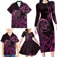 Pink Aotearoa Horse Racing Family Matching Long Sleeve Bodycon Dress and Hawaiian Shirt NZ Maori Pattern LT14 - Polynesian Pride