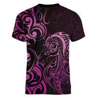 Pink Aoteara Horse Racing Women V-Neck T-Shirt NZ Maori Pattern