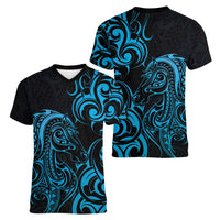 Blue Aoteara Horse Racing Women V-Neck T-Shirt NZ Maori Pattern